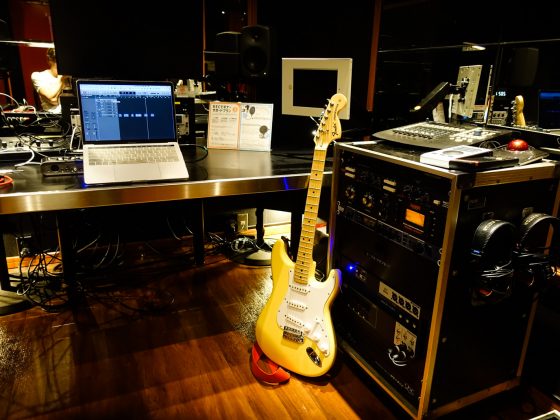 recording studio white stratocaster guitar